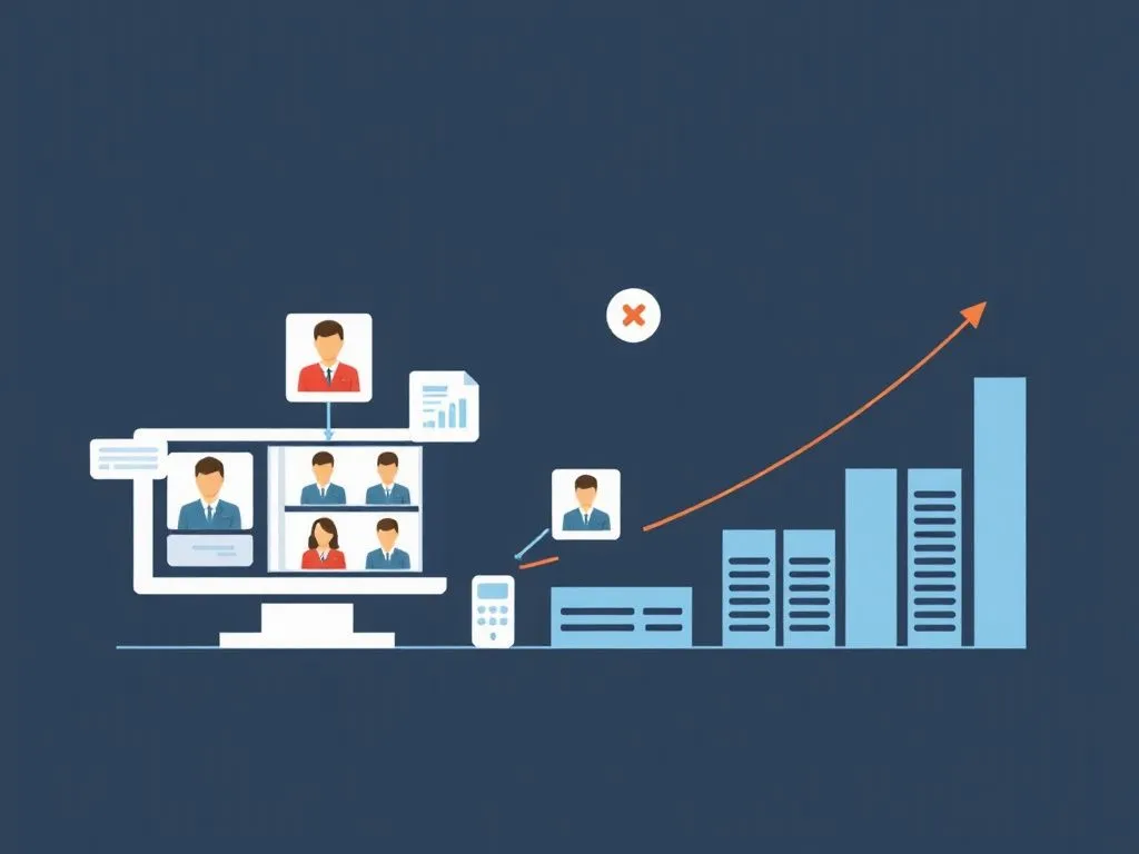 Illustration of software system expansion with multiple users and data growth, symbolizing scalability in accounting solutions, professional illustration style