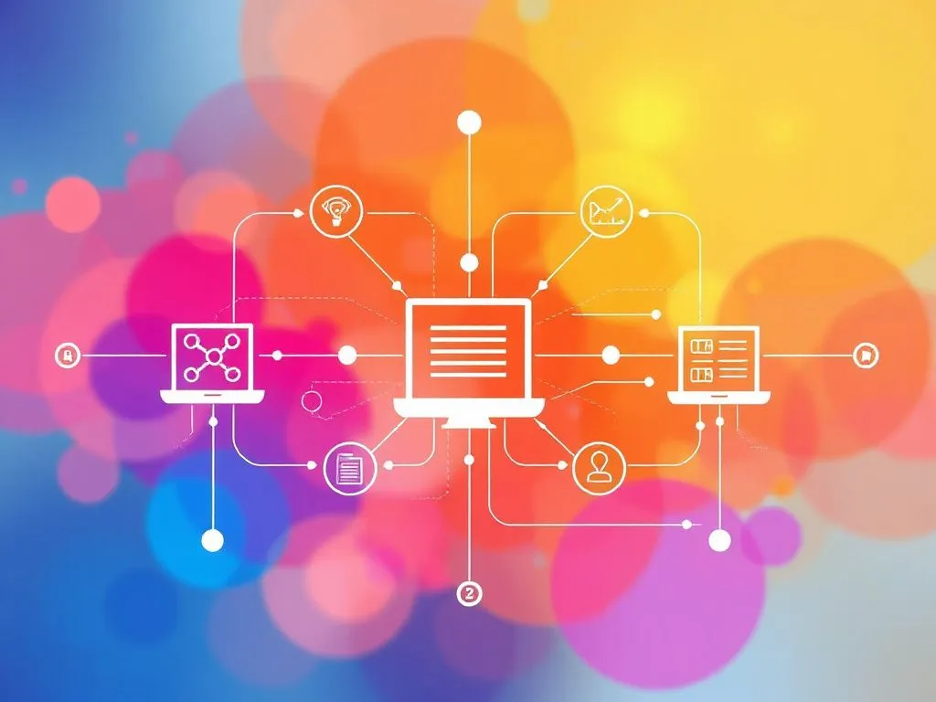 Abstract artistic rendering of software integration process, showing connected systems and networks, vibrant colors, modern design