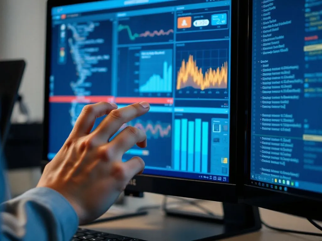 Close-up view of a user interacting with a software interface on a computer, focusing on hands and screen, detailed, modern technology