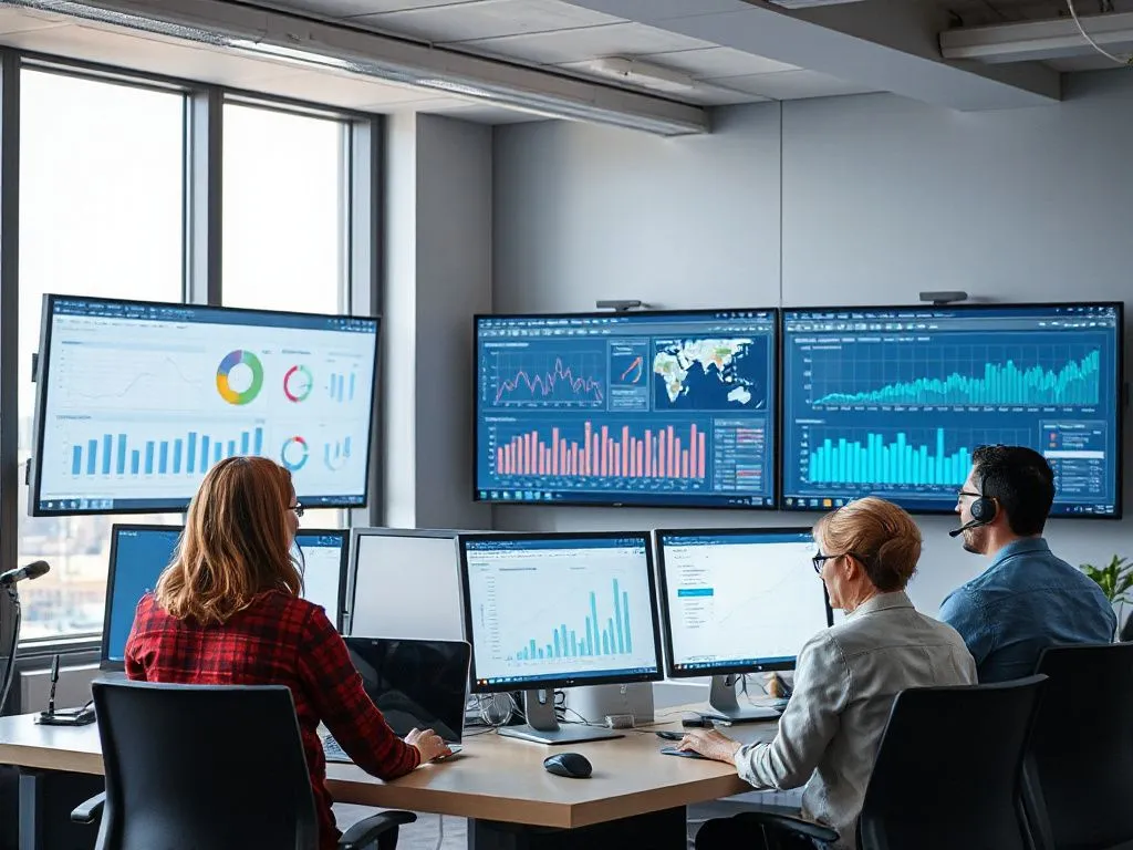 Conceptual image of technical support team monitoring software performance, diverse team working, charts and data on large screens, professional office environment