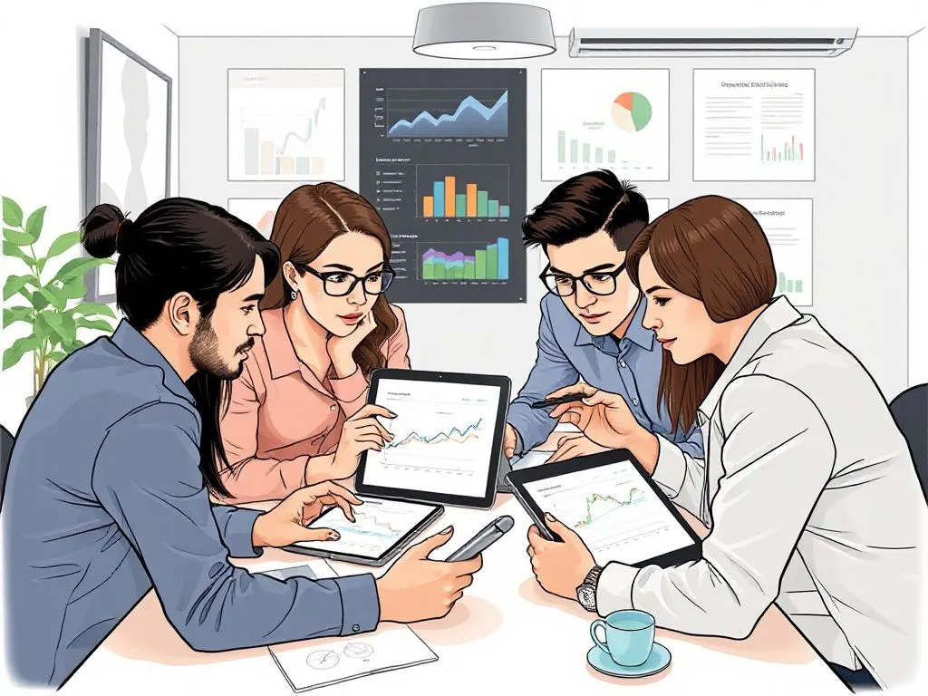 Detailed illustration of a business team reviewing performance reports on digital devices, analyzing data and charts, collaborative workspace, photorealistic