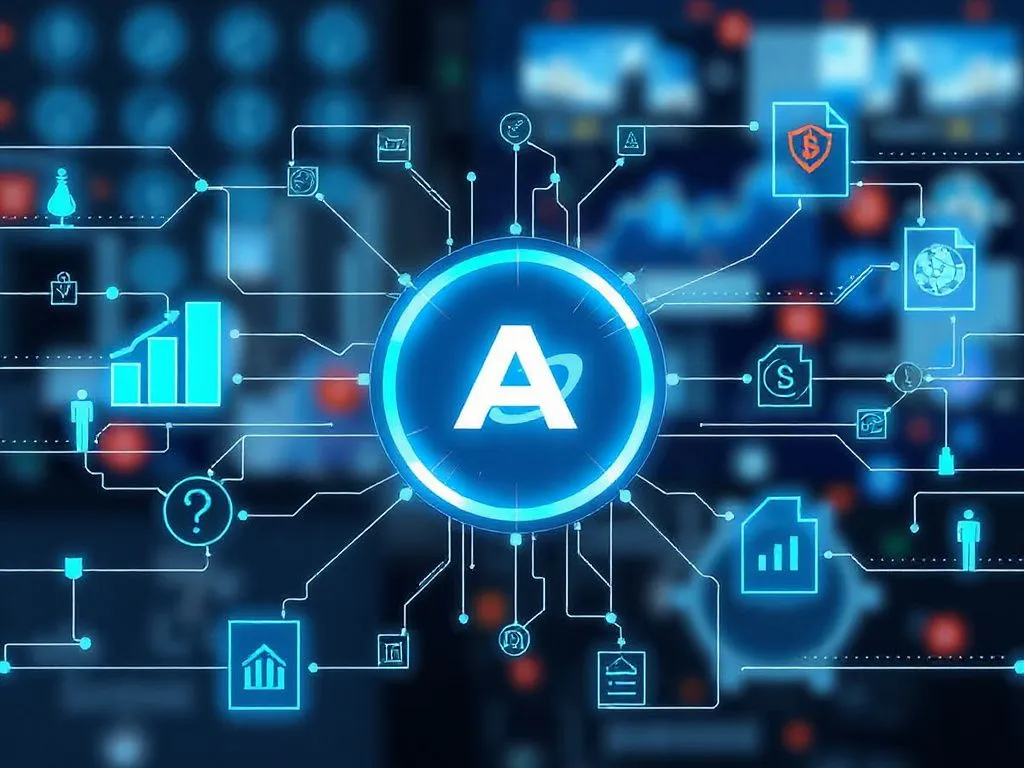 Conceptual image of an integrated accounting system, with digital data and electronic connections visualized, modern and sleek design Conceptual image of an integrated accounting system, with digital data and electronic connections visualized, modern and sleek design