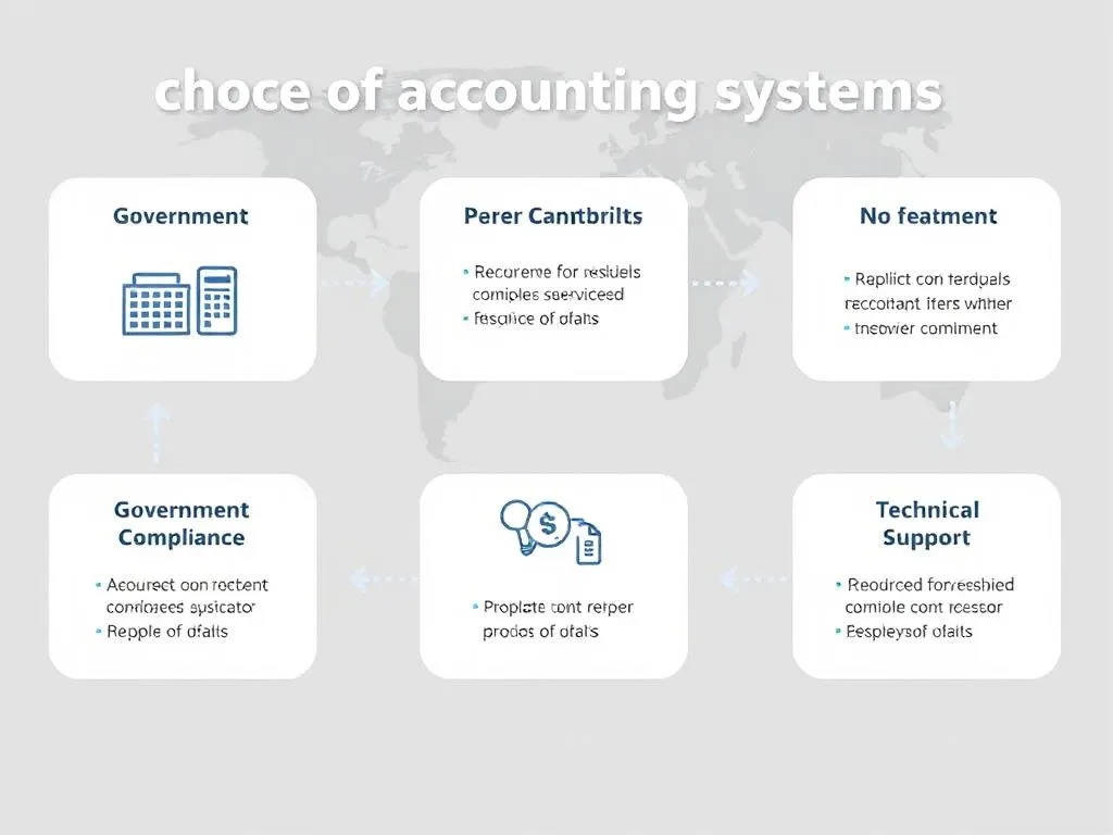 Graphic showing the choice of accounting systems with features for government compliance and technical support, catered for a business environment Graphic showing the choice of accounting systems with features for government compliance and technical support, catered for a business environment