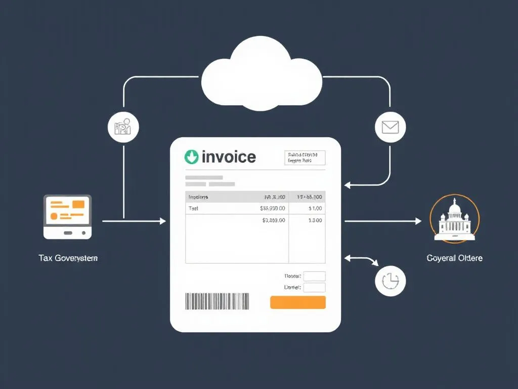 Illustration of a digital tax invoice process, showing integration with government systems, sleek and modern design, professional style Illustration of a digital tax invoice process, showing integration with government systems, sleek and modern design, professional style