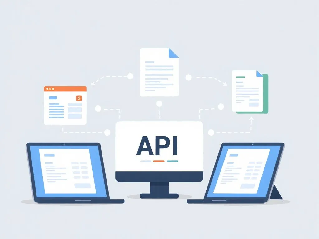 Illustration showing API integration for electronic invoicing, with digital screens and software connectivity, clean and modern layout Illustration showing API integration for electronic invoicing, with digital screens and software connectivity, clean and modern layout