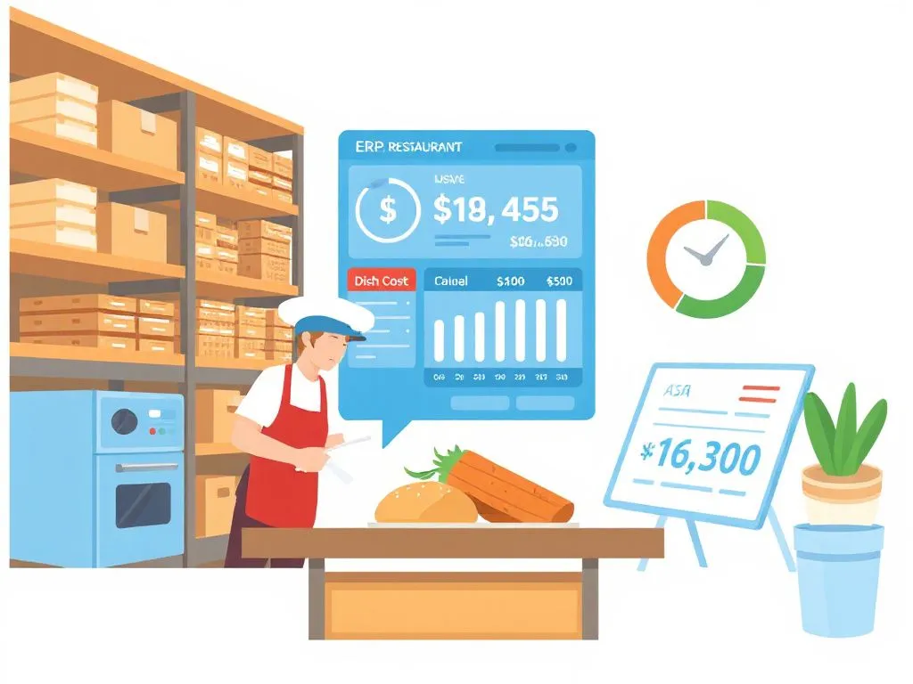 Illustration of a customized ERP system for restaurants managing inventory and analyzing dish costs to reduce waste and increase profitability, clean background, high quality Illustration of a customized ERP system for restaurants managing inventory and analyzing dish costs to reduce waste and increase profitability, clean background, high quality