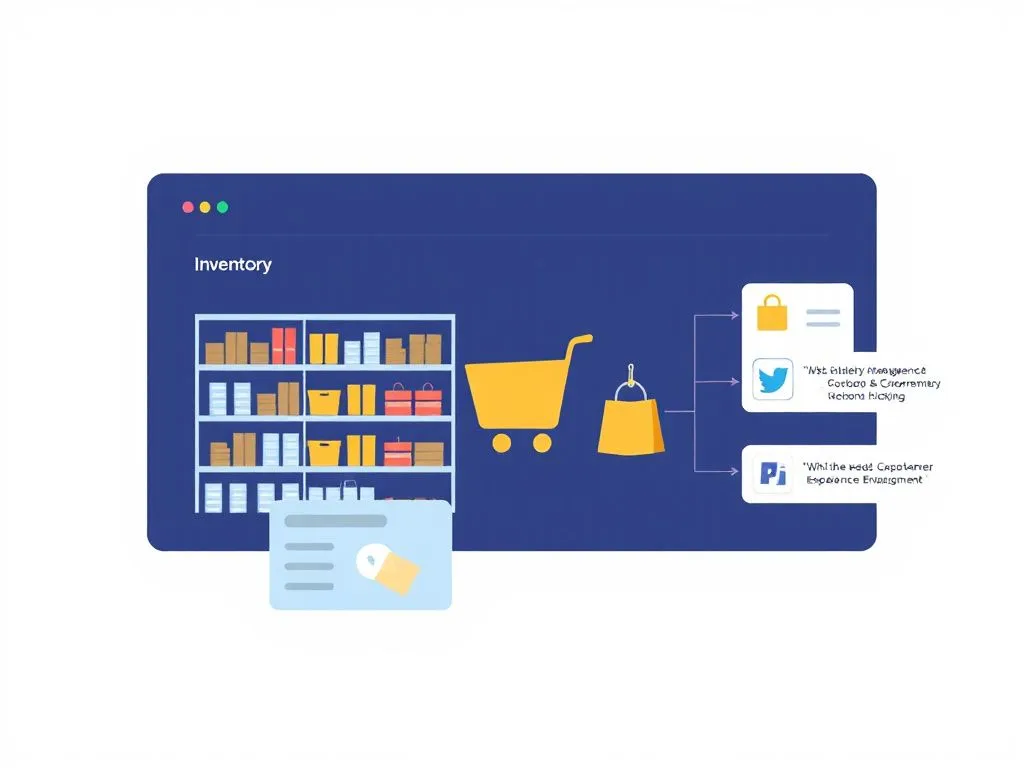 Visual representation of an integrated e-commerce and retail system focusing on inventory management, order tracking, and customer experience enhancement, minimalist design Visual representation of an integrated e-commerce and retail system focusing on inventory management, order tracking, and customer experience enhancement, minimalist design