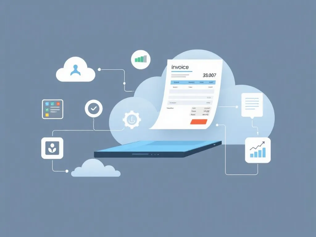 Professional illustration of electronic invoicing in a cloud accounting setting, highlighting automation and regulatory compliance, high quality, minimalist design