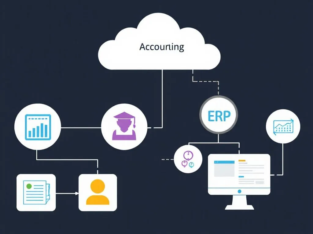 Visual of seamless integration between cloud accounting software and ERP system, showing efficient data flow and collaboration between different departments, clean and professional look