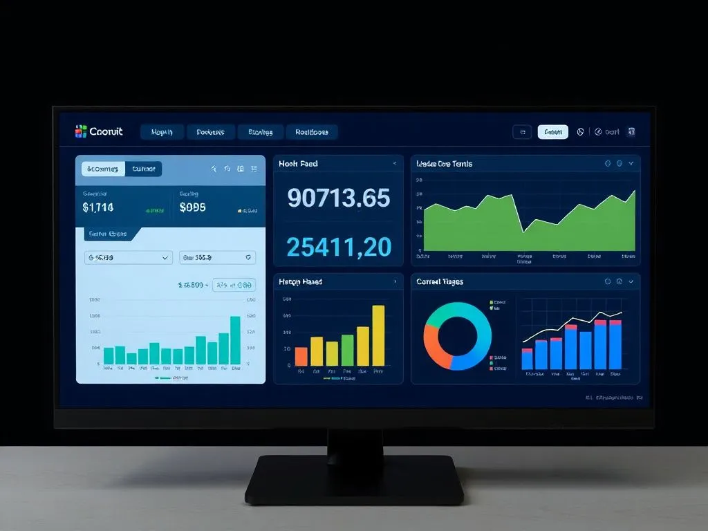 Modern accounting software interface showing dashboard with various financial indicators and charts, user-friendly design, digital screen