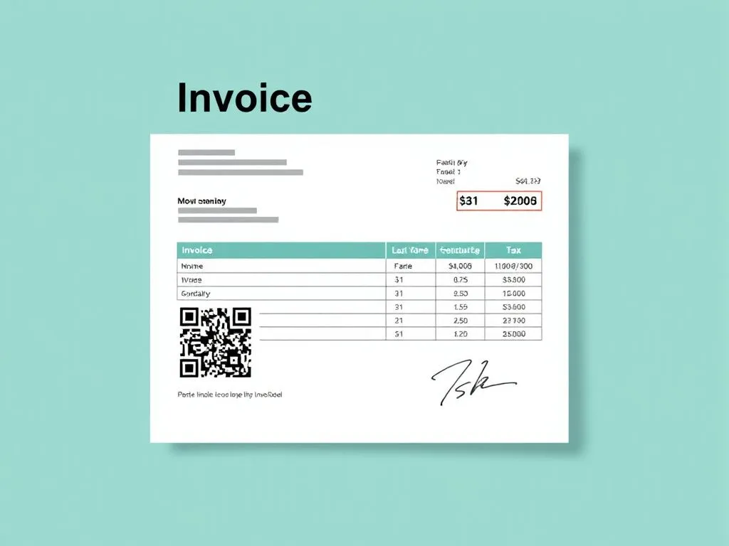Digital illustration of a tax-compliant invoice with QR code and digital signature, high quality, professional appearance