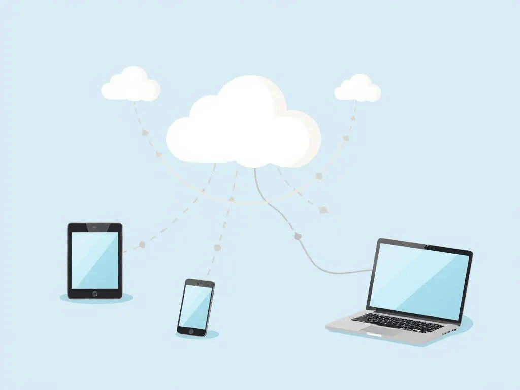 Illustration of cloud symbols connected to a network of devices such as smartphones, tablets, and laptops, representing data access from anywhere
