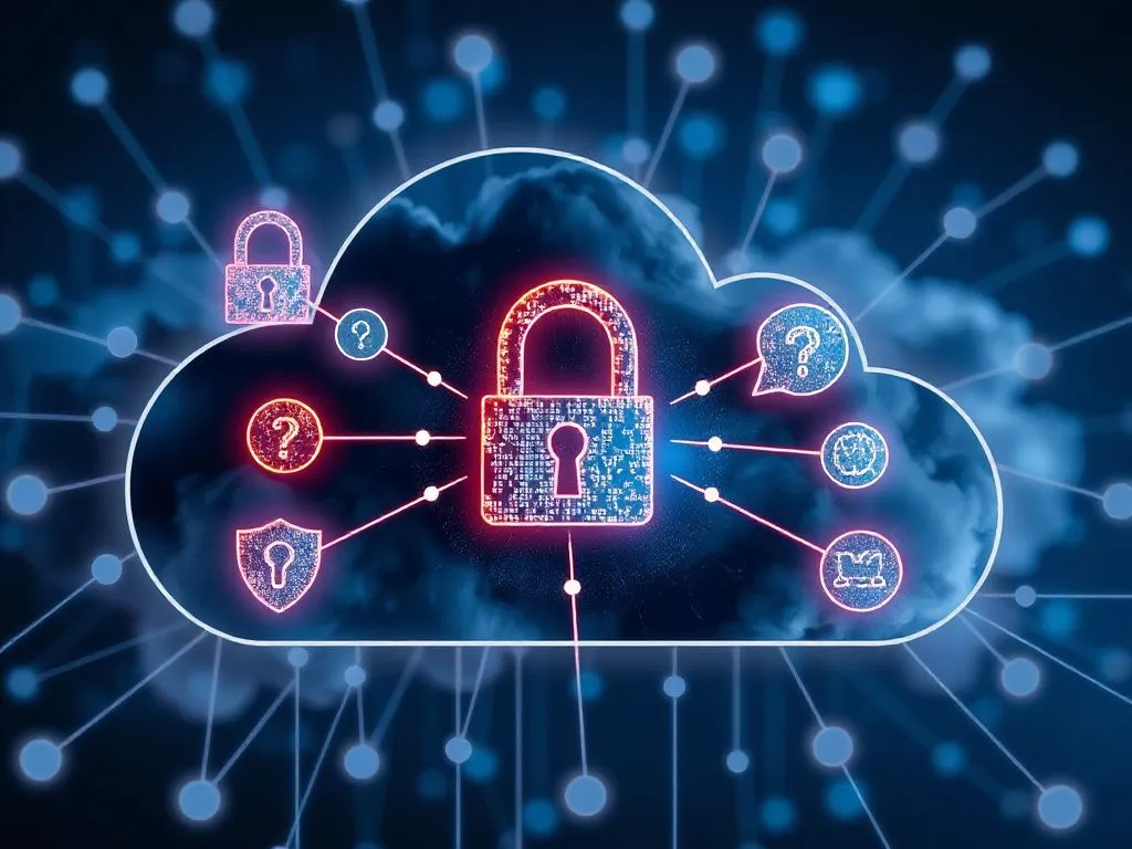 Secure data encryption symbols overlaid on a cloud network, representing data security and backup, detailed, modern design