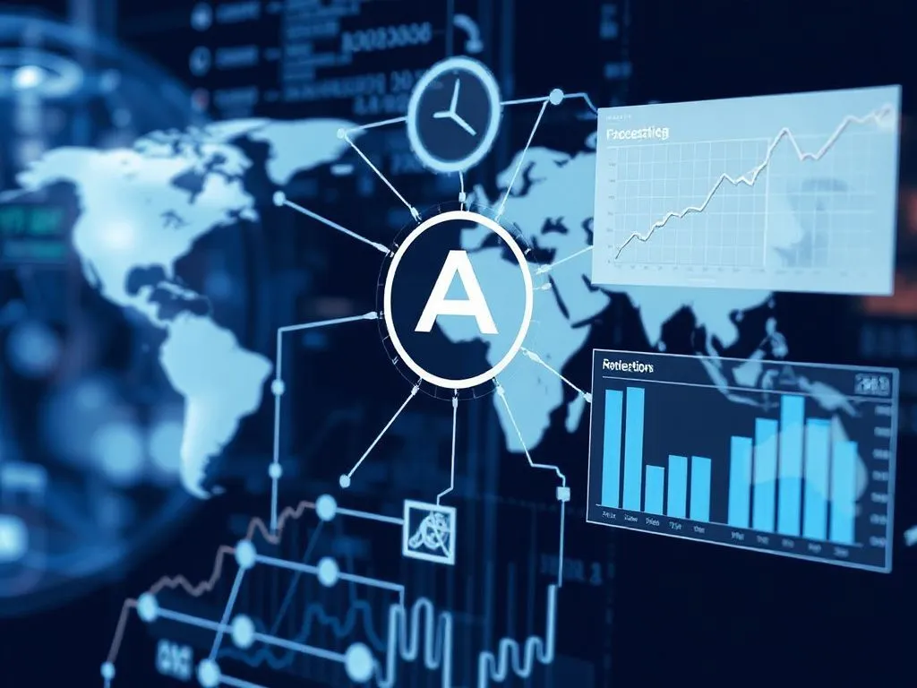 High-quality image of AI-driven financial reporting, showing interconnected data streams and analytics, professional, modern, clean design