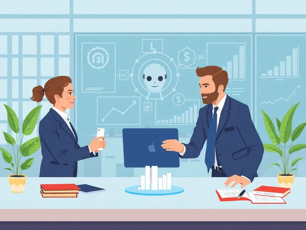 Illustration of successful businesses implementing AI in accounting, showing efficiency and teamwork, photorealistic, professional, business environment