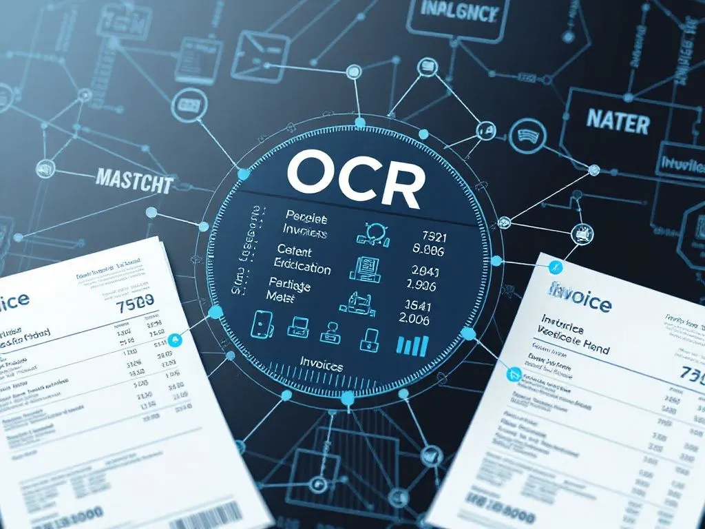 Detailed visualization of OCR technology extracting data automatically from invoices, professional, high-tech, photorealistic, clean and modern design