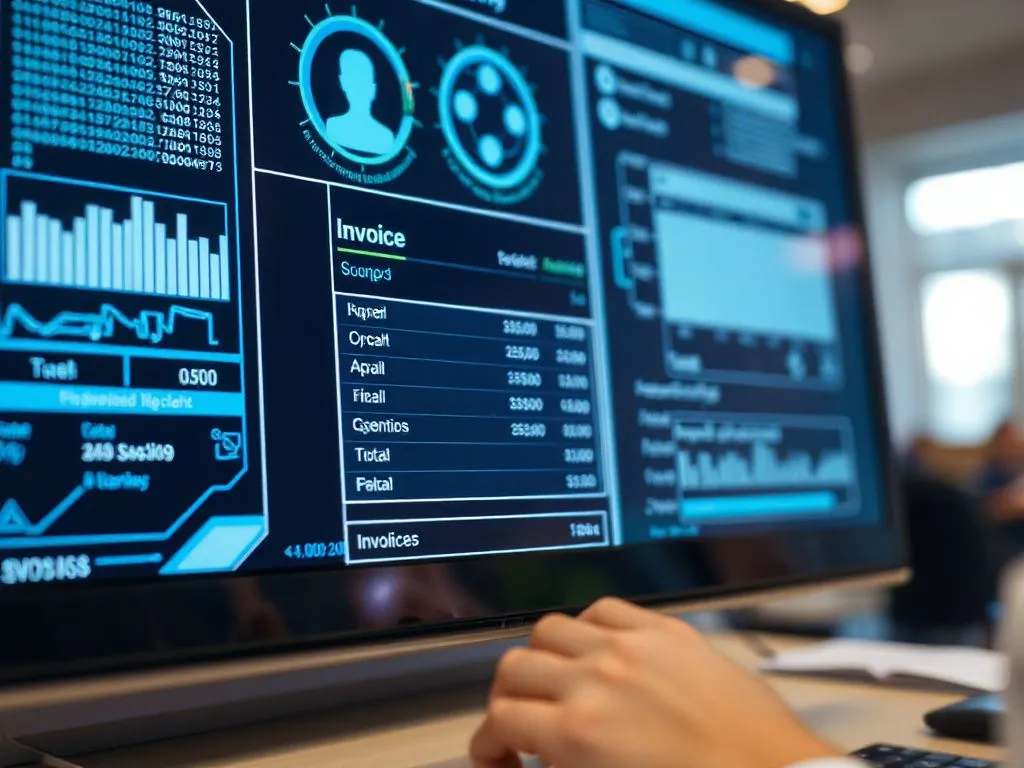 Close-up of AI-driven software automating invoicing process, showcasing advanced machine learning algorithms in a business environment, high quality