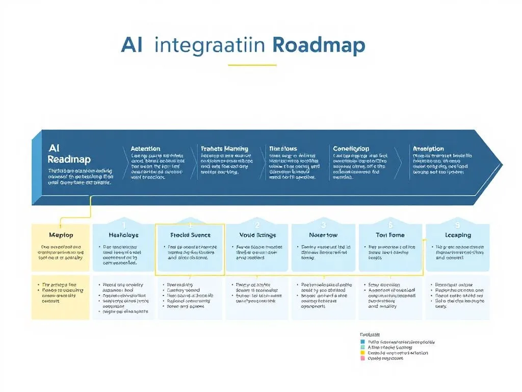 Illustration of a roadmap for AI integration in business, highlighting workflows and strategic planning steps, professional design