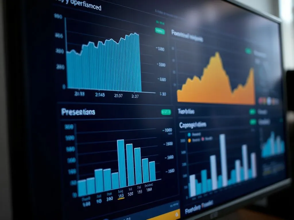 Close-up of a computer screen displaying a detailed financial dashboard, showing real-time key performance indicators, photorealistic, high resolution, business analytics