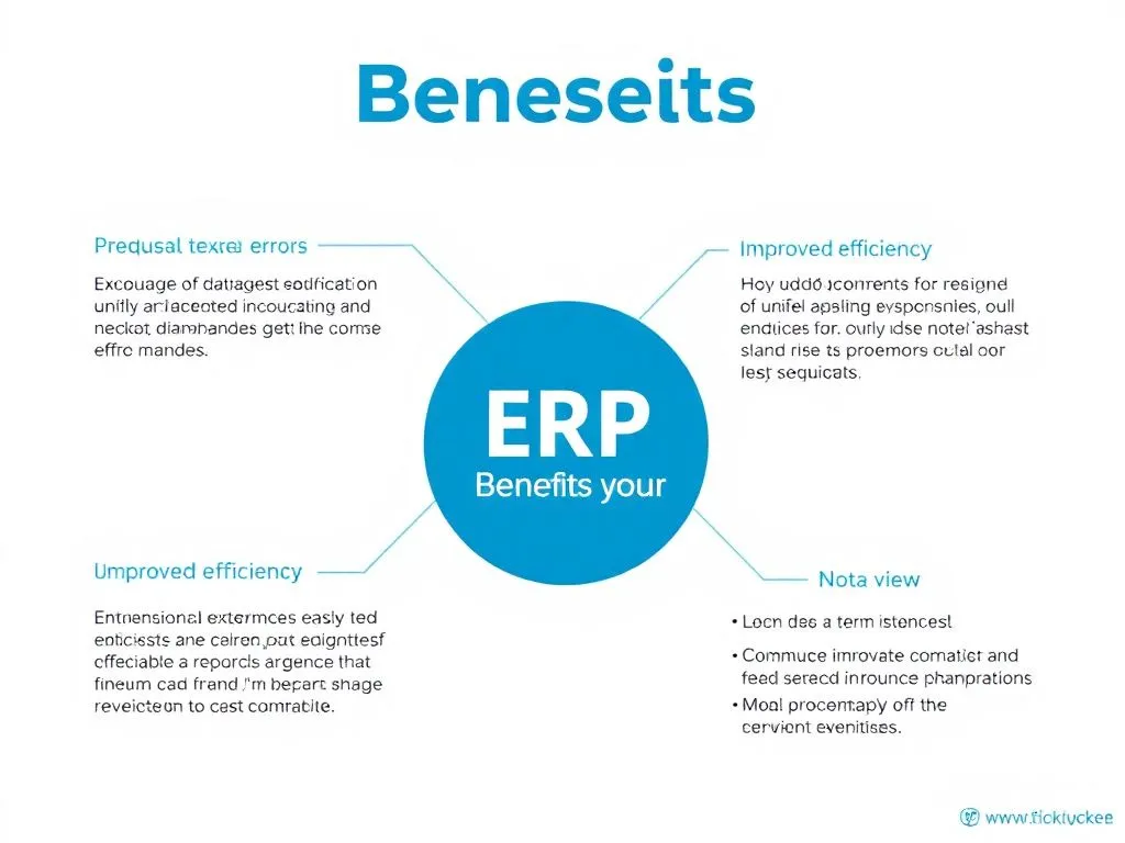 Graphical representation of ERP benefits such as reduced errors, improved efficiency, unified data view, photorealistic, detailed, visual communication style