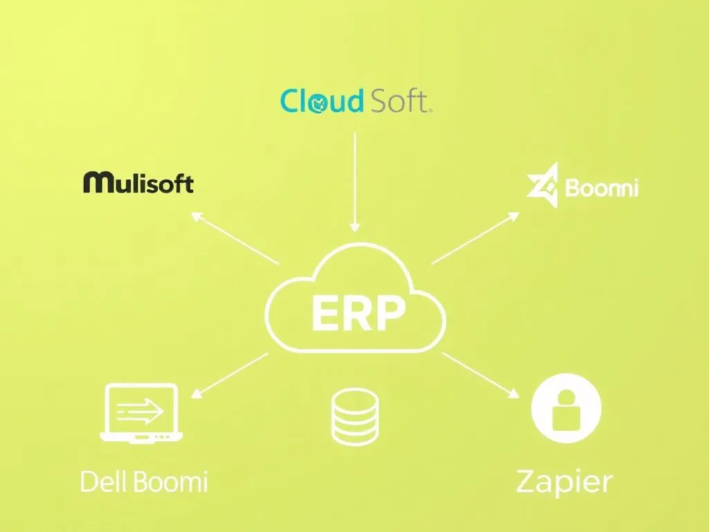 Illustration of ERP system integration tools like MuleSoft, Dell Boomi, and Zapier, emphasizing cloud connectivity and secure data transfer, high quality, minimalist design