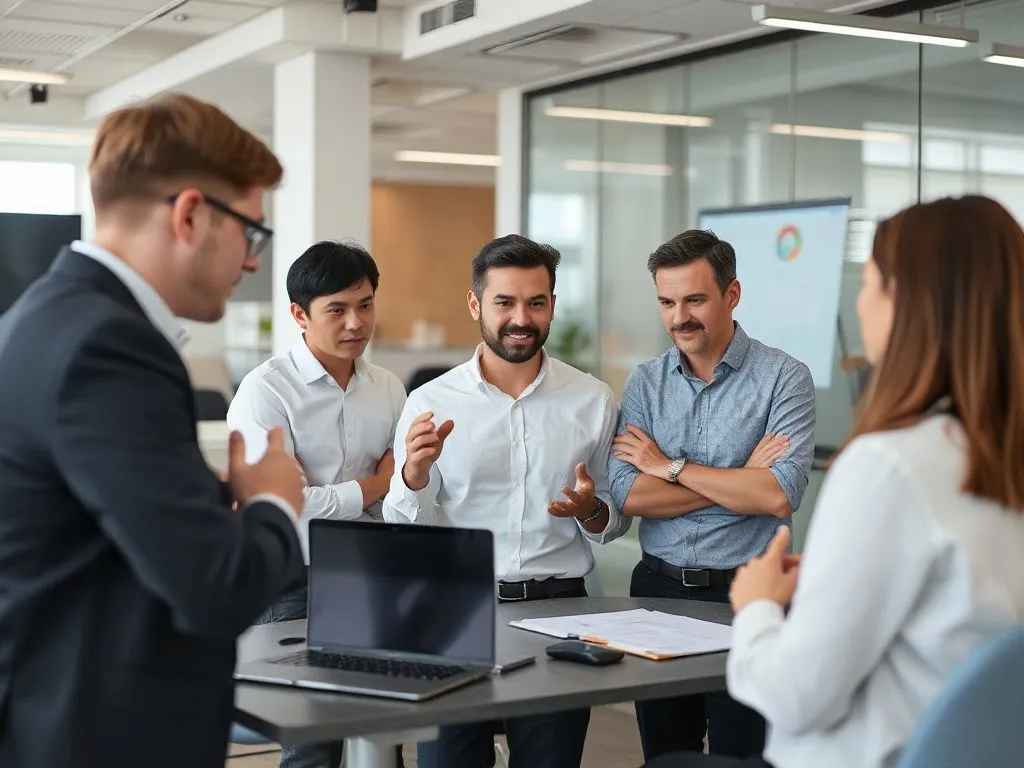 Professional training session in an office, employees learning about new ERP integration methodologies, modern business setting, high quality, clear focus