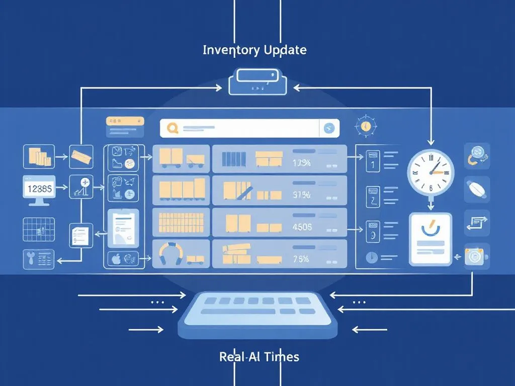 Detailed illustration of automated inventory update in a digital interface, showcasing products, quantity levels, and real-time processing elements. Modern design, clean background, visually represents efficiency and automation.
