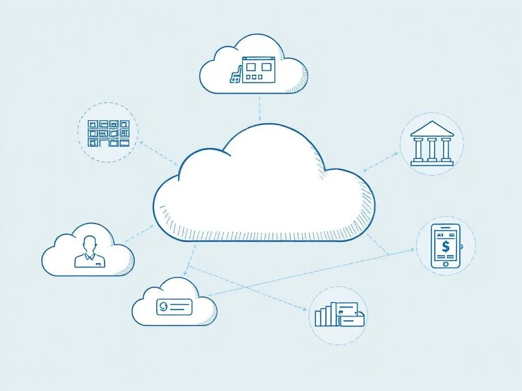 Illustration of cloud-based systems connecting various business functions like inventory, sales, and finance with cloud technology symbols. Modern, detailed digital connectivity concept.