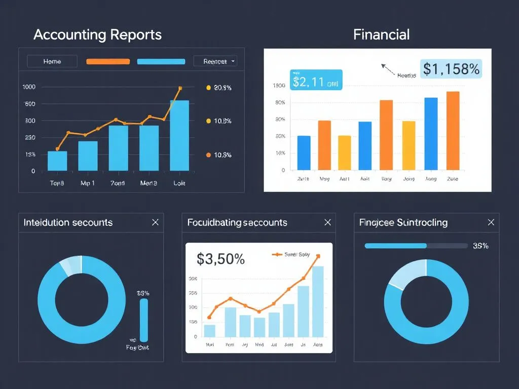 Visual representation of accounting reports with graphs and charts, showing financial summaries. Clean design, professional style, with elements of decision-making interfaces.