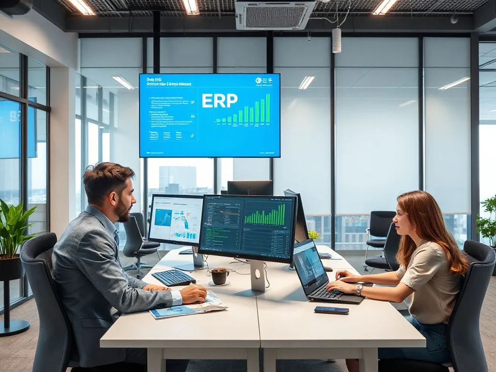 Modern office environment showing business professionals using advanced ERP software on computers, photorealistic, high quality