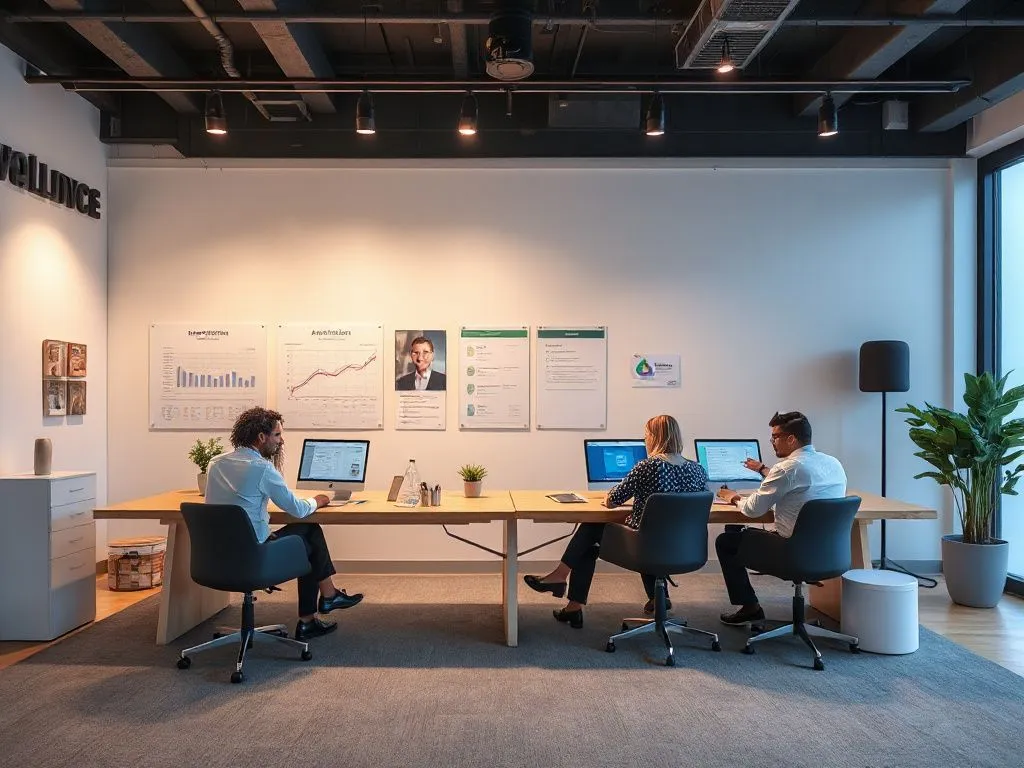 Small and medium-sized businesses using integrated cloud solutions for accounting and HR management, collaborative workspace, clean design