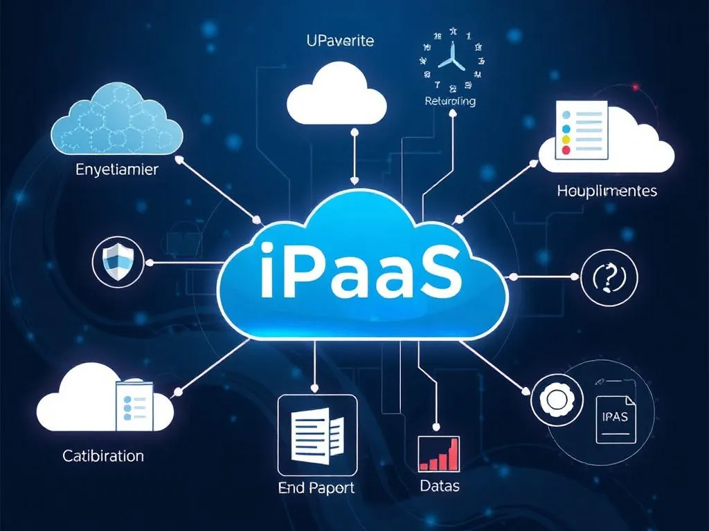 Visualization of iPaaS tools and technologies used in business data integration, cloud technology theme, futuristic, detailed