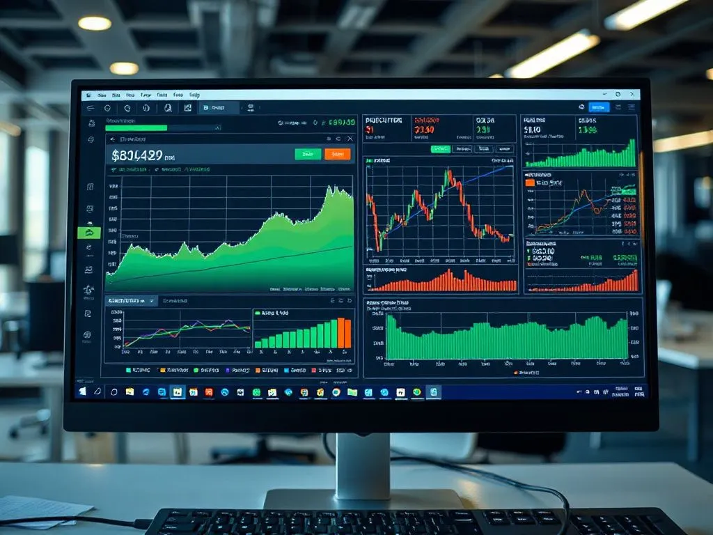Computer screen displaying financial data analysis, graphs, and predictive analytics, professional office setting, high quality photography