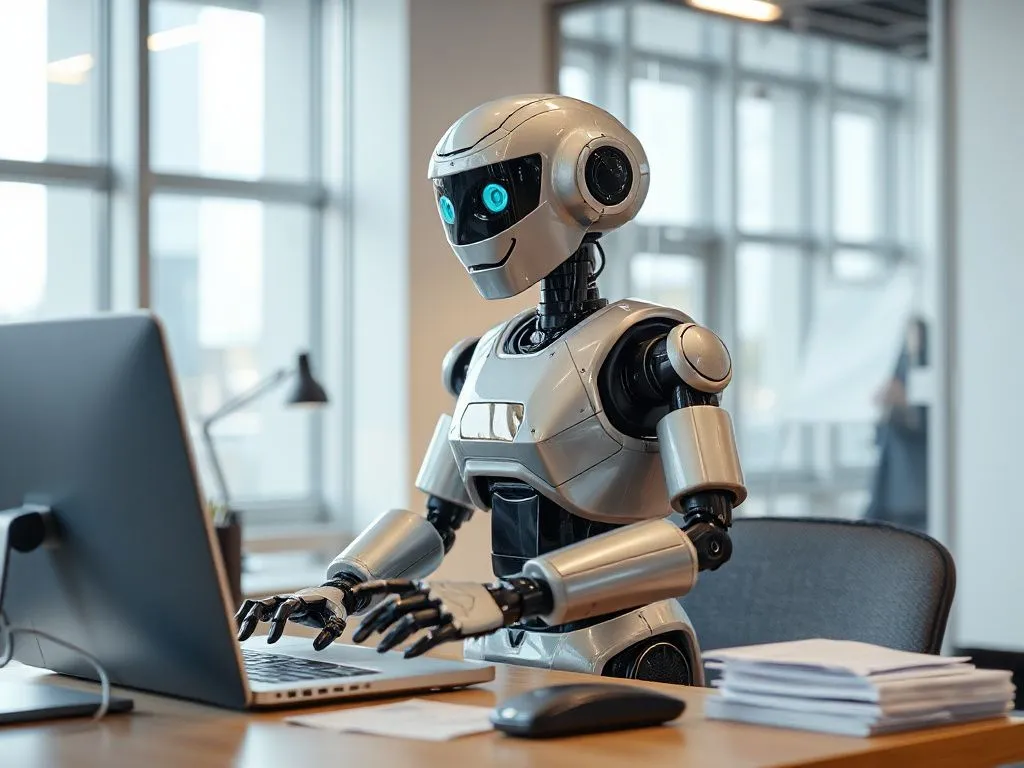 Robot automating routine tasks on desk, handling invoices, modern workspace, high quality photography