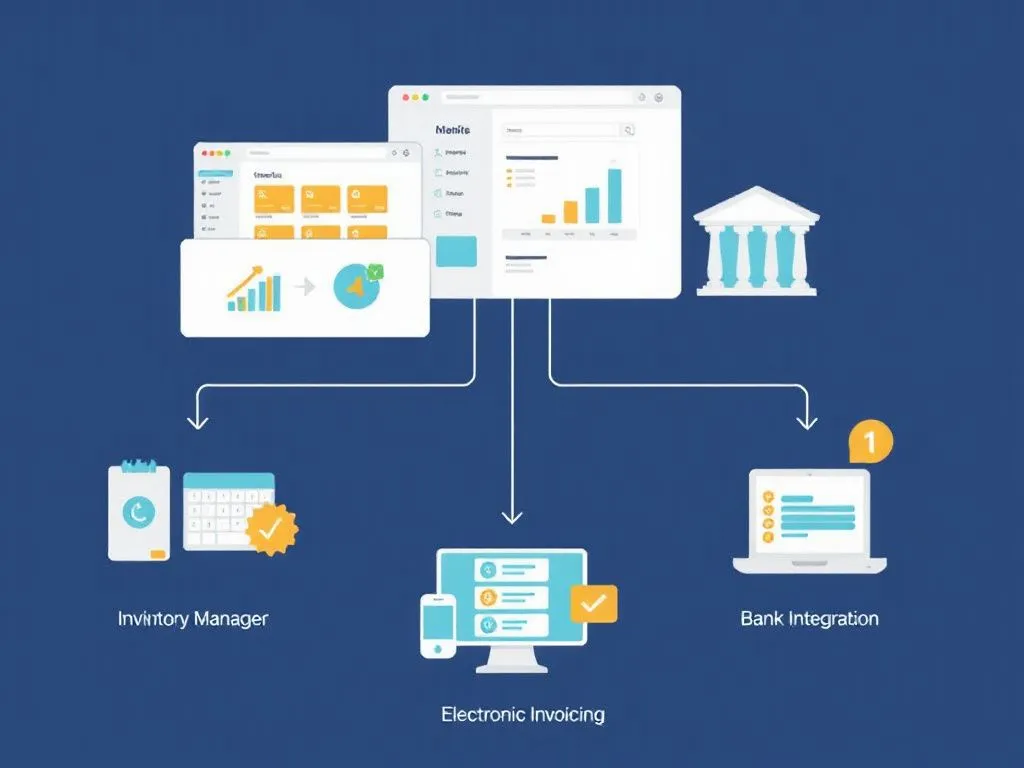 Conceptual image depicting a variety of accounting software features including inventory management, banking integration, and electronic invoicing shown as interactive digital icons