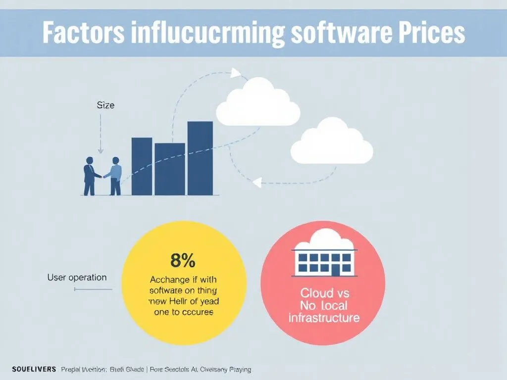 Visual representation of factors influencing accounting software prices, illustrated by company size, user count, system operation, and cloud vs local infrastructure, detailed infographics style