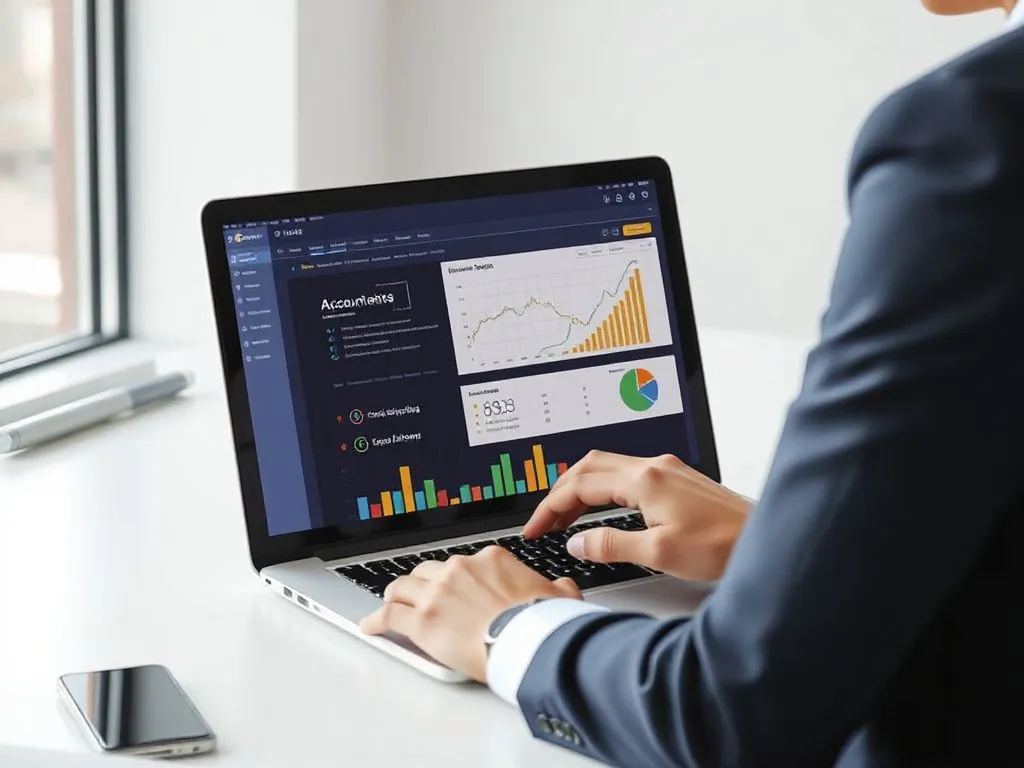 Businessperson using user-friendly accounting software on a laptop, ease of access, modern interface