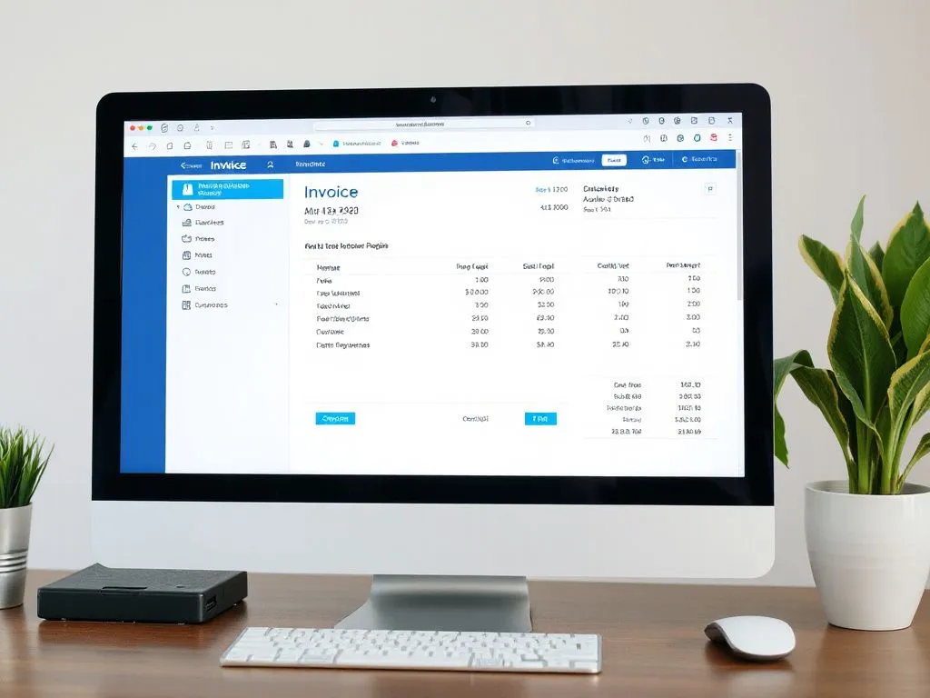 Computer screen displaying automated invoice system, digital invoices, professional setup