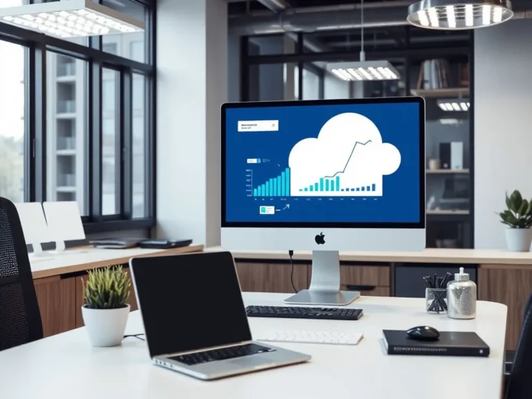A modern office workstation with a computer displaying cloud-based accounting software, professional lighting, photorealistic, concept of digital transformation in accounting