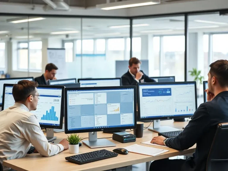 Professional office setting with computer screens displaying accounting software, business people collaborating, modern and photorealistic, detailed presentation of various financial tools
