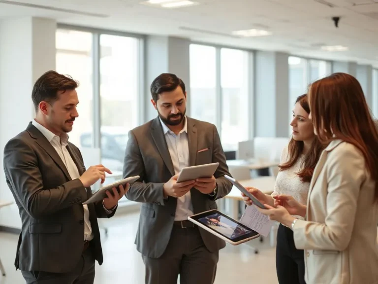 Business team testing software in a modern office, engaging with computer tablets and screens, showing diverse reactions, photorealistic, high quality, professional setting