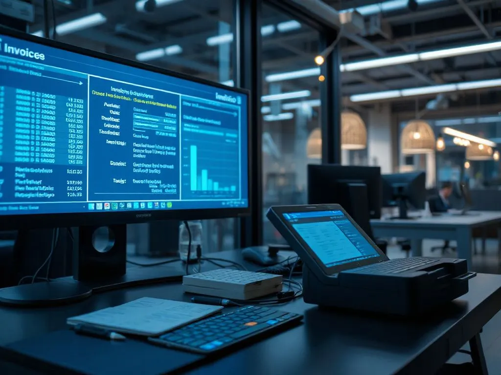 High-quality image representing electronic invoicing systems, digital transactions, and tax compliance in a modern business environment, detailed and photorealistic with professional lighting