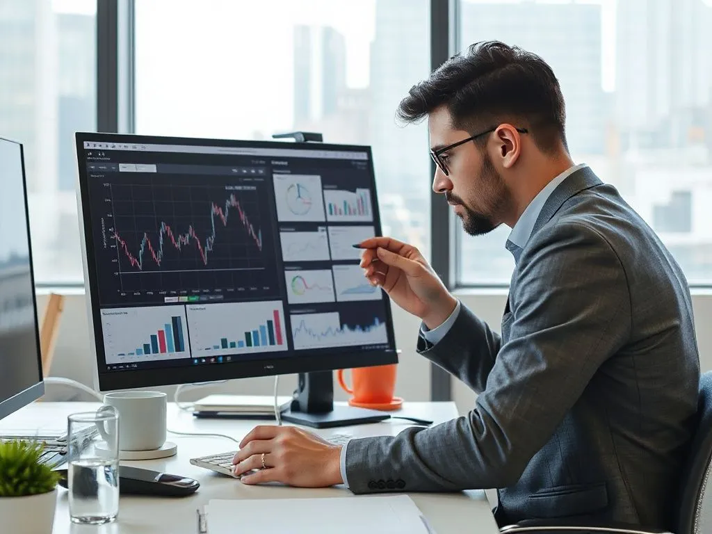Businessman analyzing accounting software options on a computer, detailed, professional office setting, natural lighting, modern technology, financial charts in background, photorealistic