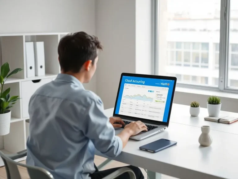 A modern office desk setup with a person working on a laptop displaying cloud accounting software interface, photorealistic, high quality, natural lighting, technology theme, professional setting