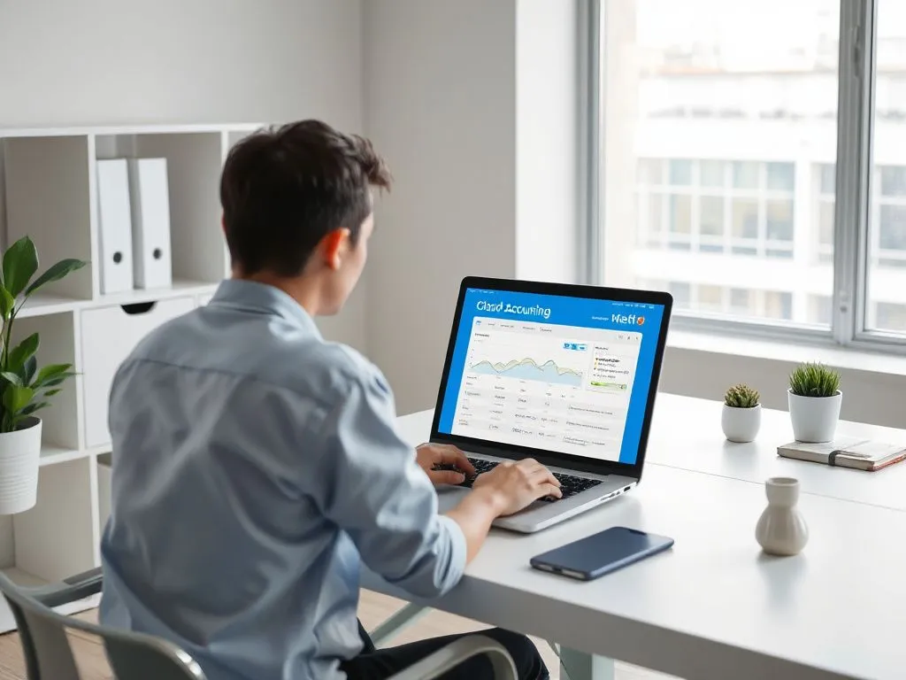 A modern office desk setup with a person working on a laptop displaying cloud accounting software interface, photorealistic, high quality, natural lighting, technology theme, professional setting