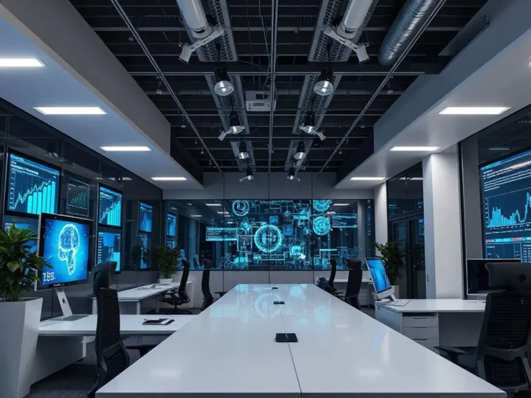 Modern office setting with AI technology interfaces, professional, high-tech ambiance, financial and accounting focus, photorealistic, high quality, clean background