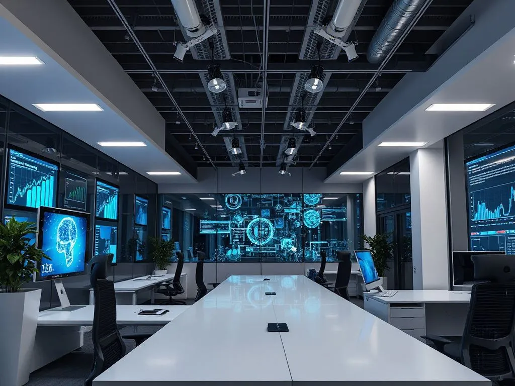 Modern office setting with AI technology interfaces, professional, high-tech ambiance, financial and accounting focus, photorealistic, high quality, clean background