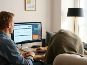 User testing an accounting software interface on a computer, comfortable environment, clear details