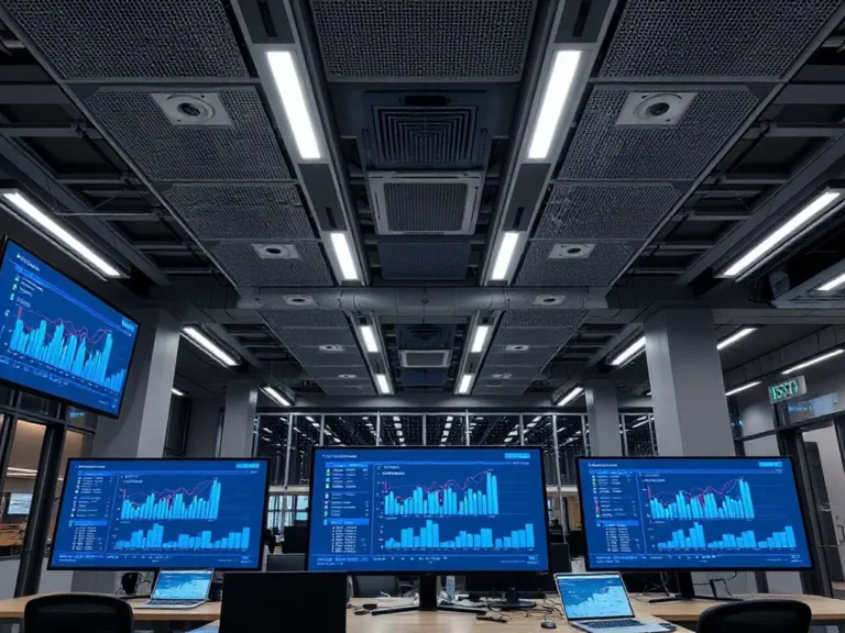 Modern office environment with advanced technology integration, ERP systems and accounting software, high quality, professional lighting, digital screens displaying real-time financial analytics