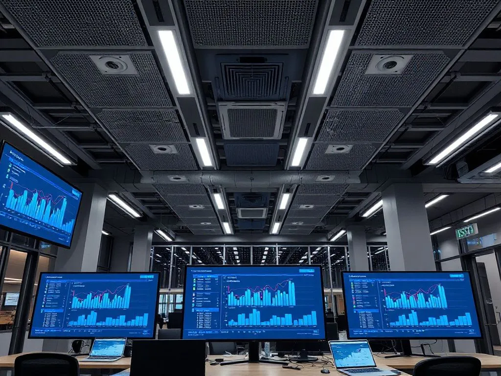 Modern office environment with advanced technology integration, ERP systems and accounting software, high quality, professional lighting, digital screens displaying real-time financial analytics